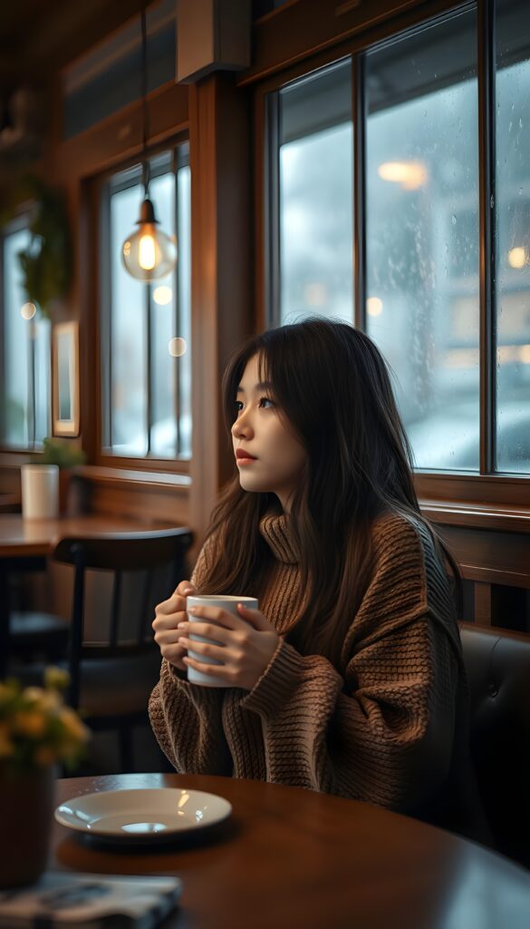 In a cozy café with a wooden interior, a girl sits at a table, drinking coffee from a mug and watching the rain through the window. She is wearing a fine, brown wool sweater, long, sof hair.