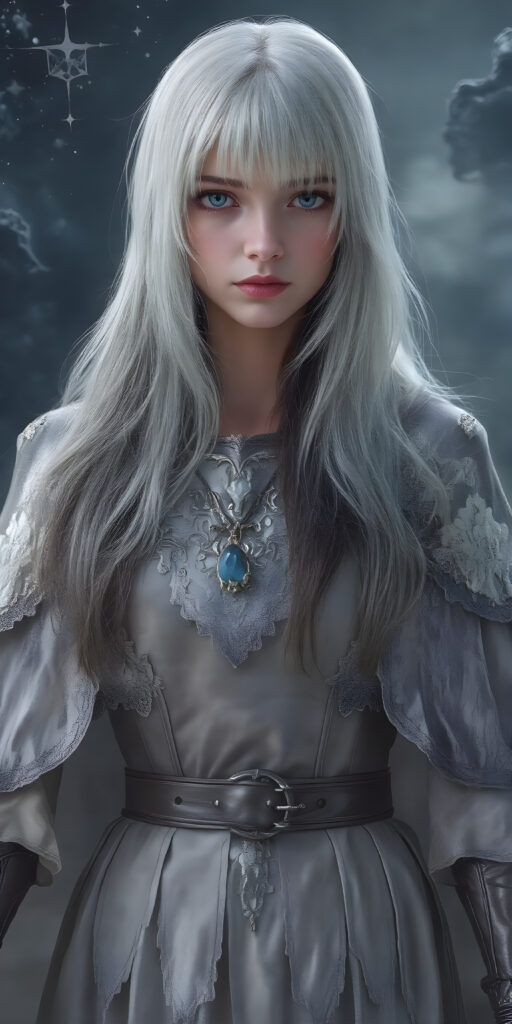 In a fantastical realm, a (((fantasy girl with an unmistakable face her features delicate yet alluring))), long straight white hair, bangs, stands clad in armor that blends light and fantasy. Crafted from intricate thin silver and gold threads, the armor shines with a soft, iridescent glow. A flowing cloak, woven from shimmering silk and velvet, drapes over her shoulders and billows softly in the breeze. Adorned with embroidered stars and constellations, the cloak is adorned with delicate lace details and velvet pockets that sparkle like diamonds in the moonlight. A leather belt sits comfortably on her waist, adorned with polished leather details that match the armor's sleek contours. A pair of polished silver gloves adds to the elegance of her ensemble, accentuating the delicate threads of her cloak and highlighting the alluring nature of her attire. Her hair, a cascade of midnight black and indigo, wears a small moonstone pendant that dangles softly off her neck until the next night.