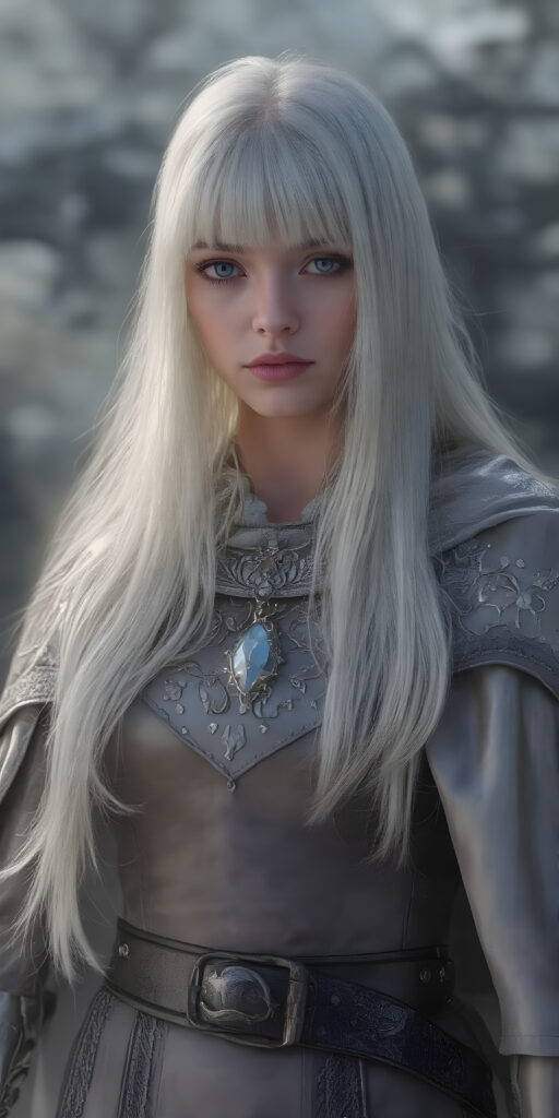In a fantastical realm, a (((fantasy girl with an unmistakable face her features delicate yet alluring))), long straight white hair, bangs, stands clad in armor that blends light and fantasy. Crafted from intricate thin silver and gold threads, the armor shines with a soft, iridescent glow. A flowing cloak, woven from shimmering silk and velvet, drapes over her shoulders and billows softly in the breeze. Adorned with embroidered stars and constellations, the cloak is adorned with delicate lace details and velvet pockets that sparkle like diamonds in the moonlight. A leather belt sits comfortably on her waist, adorned with polished leather details that match the armor's sleek contours. A pair of polished silver gloves adds to the elegance of her ensemble, accentuating the delicate threads of her cloak and highlighting the alluring nature of her attire. Her hair, a cascade of midnight black and indigo, wears a small moonstone pendant that dangles softly off her neck until the next night.
