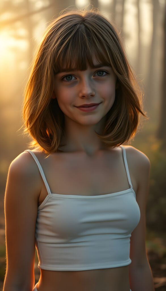 In a fantastical, dreamlike setting, an adult girl with shoulder-length copper hair accented with warm brown highlights stands confidently against a softly glowing, ethereal backdrop. Her hair cascades in smooth waves, framing her face beautifully. She wears a white, cropped spaghetti tank top that clings gently to her form, accentuating her cute round belly button. Her gaze is captivating, meeting the viewer with a warm, inviting smile. The lighting is soft and golden, casting a magical glow that enhances her delicate features and the subtle sheen of her skin. Around her, the environment transitions from a misty forest to a vibrant, abstract landscape, blending natural and surreal elements, creating a sense of wonder and enchantment.