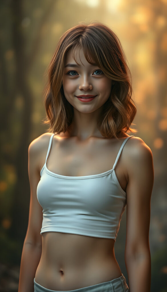 In a fantastical, dreamlike setting, an adult girl with shoulder-length copper hair accented with warm brown highlights stands confidently against a softly glowing, ethereal backdrop. Her hair cascades in smooth waves, framing her face beautifully. She wears a white, cropped spaghetti tank top that clings gently to her form, accentuating her cute round belly button. Her gaze is captivating, meeting the viewer with a warm, inviting smile. The lighting is soft and golden, casting a magical glow that enhances her delicate features and the subtle sheen of her skin. Around her, the environment transitions from a misty forest to a vibrant, abstract landscape, blending natural and surreal elements, creating a sense of wonder and enchantment.
