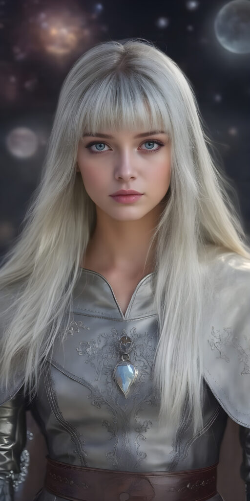 In a fantastical realm, a (((fantasy girl with an unmistakable face her features delicate yet alluring))), long straight white hair, bangs, stands clad in armor that blends light and fantasy. Crafted from intricate thin silver and gold threads, the armor shines with a soft, iridescent glow. A flowing cloak, woven from shimmering silk and velvet, drapes over her shoulders and billows softly in the breeze. Adorned with embroidered stars and constellations, the cloak is adorned with delicate lace details and velvet pockets that sparkle like diamonds in the moonlight. A leather belt sits comfortably on her waist, adorned with polished leather details that match the armor's sleek contours. A pair of polished silver gloves adds to the elegance of her ensemble, accentuating the delicate threads of her cloak and highlighting the alluring nature of her attire. Her hair, a cascade of midnight black and indigo, wears a small moonstone pendant that dangles softly off her neck until the next night.