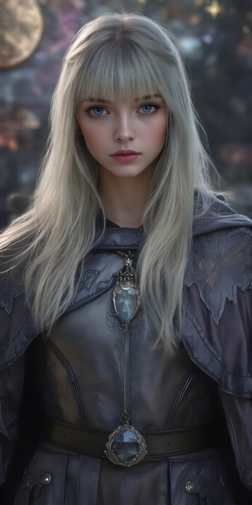 In a fantastical realm, a (((fantasy girl with an unmistakable face her features delicate yet alluring))), long straight white hair, bangs, stands clad in armor that blends light and fantasy. Crafted from intricate thin silver and gold threads, the armor shines with a soft, iridescent glow. A flowing cloak, woven from shimmering silk and velvet, drapes over her shoulders and billows softly in the breeze. Adorned with embroidered stars and constellations, the cloak is adorned with delicate lace details and velvet pockets that sparkle like diamonds in the moonlight. A leather belt sits comfortably on her waist, adorned with polished leather details that match the armor's sleek contours. A pair of polished silver gloves adds to the elegance of her ensemble, accentuating the delicate threads of her cloak and highlighting the alluring nature of her attire. Her hair, a cascade of midnight black and indigo, wears a small moonstone pendant that dangles softly off her neck until the next night.
