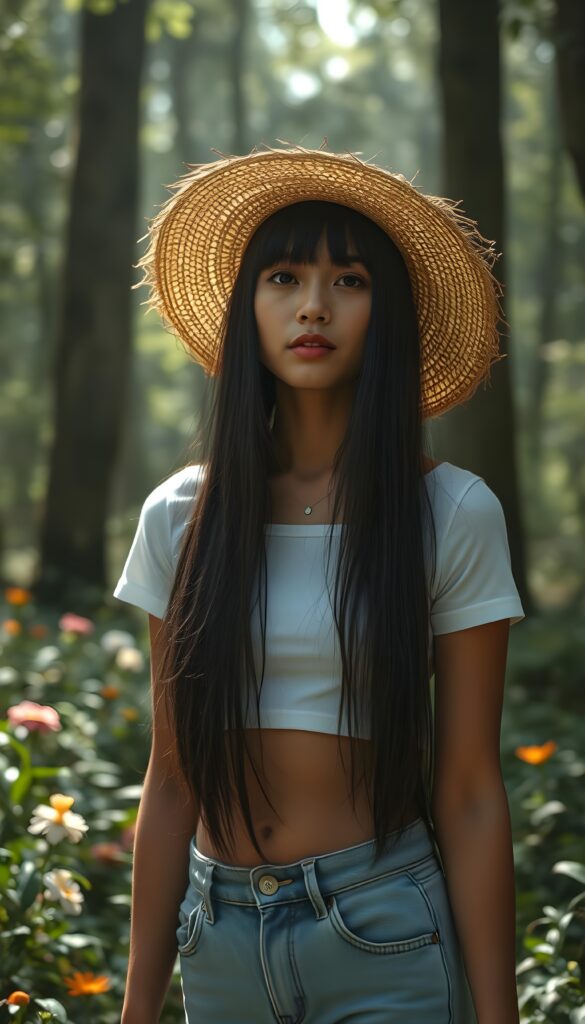 In a fogy forest, a beautiful young tanned Exotic woman with long, soft open black straight hair that cascades like silk and falls down like a waterfall, bangs, stands gracefully. She wears a white cropped t-shirt and jeans pants. Her serene expression is framed by a straw hat, casting an ethereal glow around her. The scene is vibrant with lush greenery, colorful flowers, and sunlight filtering through the trees, creating a magical and serene atmosphere. Front view.