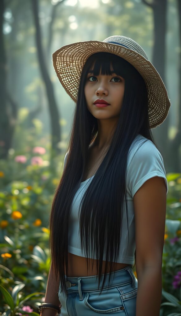 In a fogy forest, a beautiful young tanned Exotic woman with long, soft open black straight hair that cascades like silk and falls down like a waterfall, bangs, stands gracefully. She wears a white cropped t-shirt and jeans pants. Her serene expression is framed by a straw hat, casting an ethereal glow around her. The scene is vibrant with lush greenery, colorful flowers, and sunlight filtering through the trees, creating a magical and serene atmosphere. Front view.