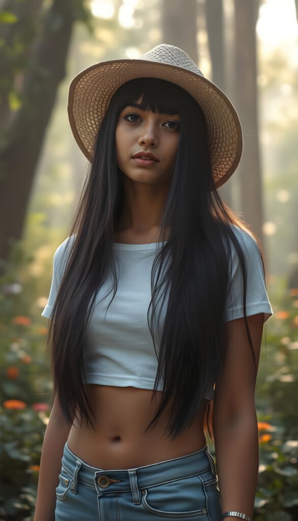 In a fogy forest, a beautiful young tanned Exotic woman with long, soft open black straight hair that cascades like silk and falls down like a waterfall, bangs, stands gracefully. She wears a white cropped t-shirt and jeans pants. Her serene expression is framed by a straw hat, casting an ethereal glow around her. The scene is vibrant with lush greenery, colorful flowers, and sunlight filtering through the trees, creating a magical and serene atmosphere. Front view.