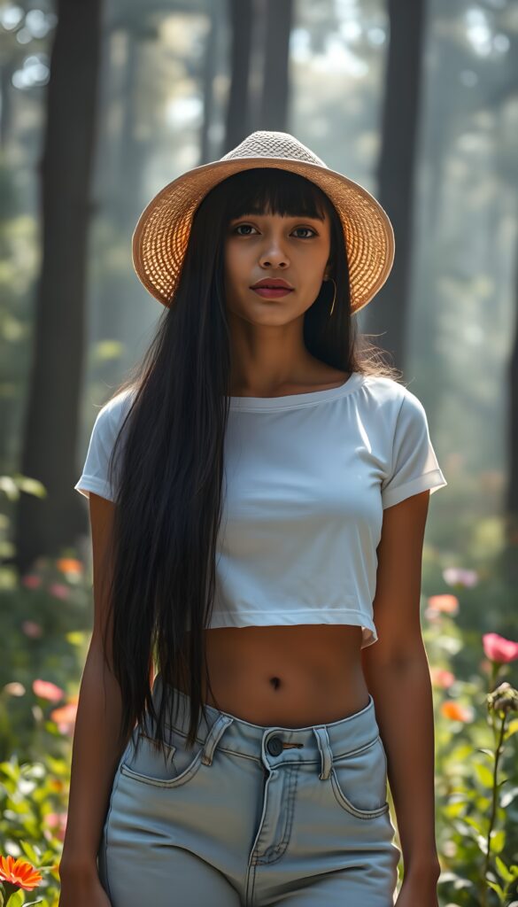 In a fogy forest, a beautiful young tanned Exotic woman with long, soft open black straight hair that cascades like silk and falls down like a waterfall, bangs, stands gracefully. She wears a white cropped t-shirt and jeans pants. Her serene expression is framed by a straw hat, casting an ethereal glow around her. The scene is vibrant with lush greenery, colorful flowers, and sunlight filtering through the trees, creating a magical and serene atmosphere. Front view.