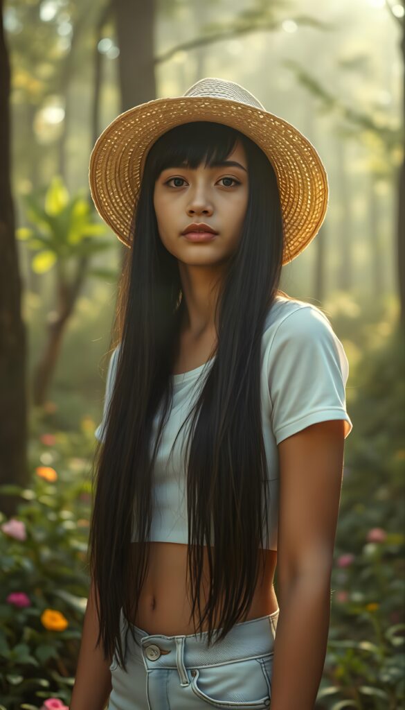 In a fogy forest, a beautiful young tanned Exotic woman with long, soft open black straight hair that cascades like silk and falls down like a waterfall, bangs, stands gracefully. She wears a white cropped t-shirt and jeans pants. Her serene expression is framed by a straw hat, casting an ethereal glow around her. The scene is vibrant with lush greenery, colorful flowers, and sunlight filtering through the trees, creating a magical and serene atmosphere. Front view.
