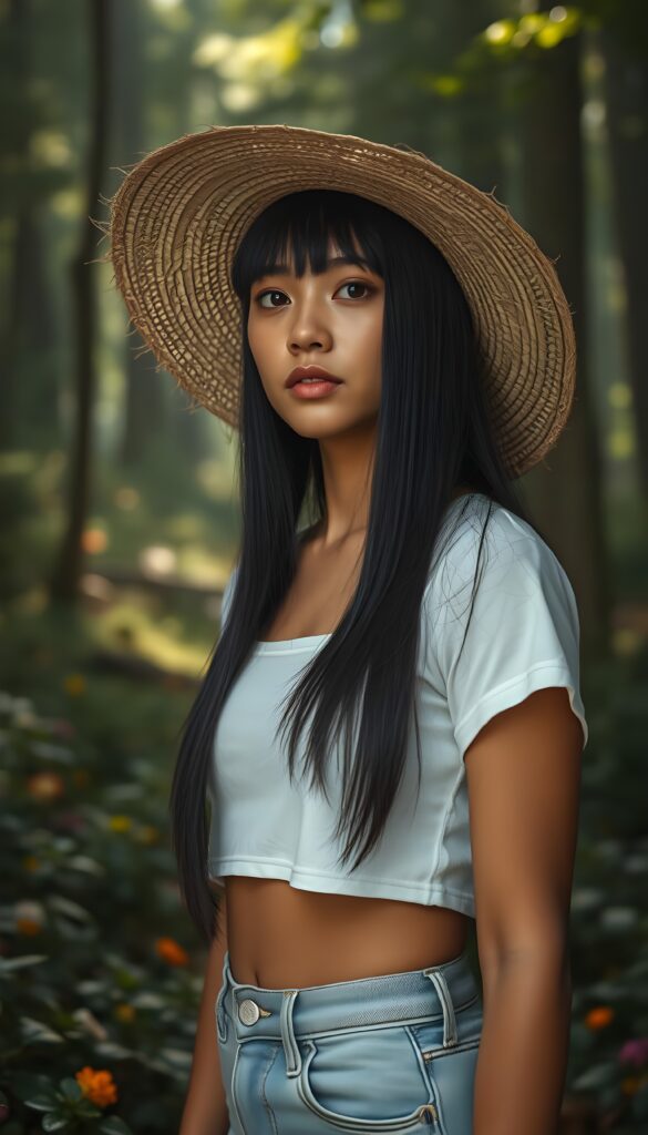 In a fogy forest, a beautiful young tanned Exotic woman with long, soft open black straight hair that cascades like silk and falls down like a waterfall, bangs, stands gracefully. She wears a white cropped t-shirt and jeans pants. Her serene expression is framed by a straw hat, casting an ethereal glow around her. The scene is vibrant with lush greenery, colorful flowers, and sunlight filtering through the trees, creating a magical and serene atmosphere. Front view.