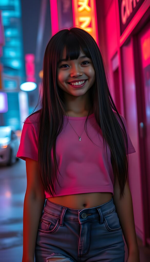 In a futuristic, cyberpunk-inspired setting, a young girl with long, sleek straight black hair cascading over her shoulders is captured in a dynamic, full-body pose. Her skin is flawlessly toned, complementing her bright, white smile. She's dressed in a stylish, form-fitting, pink cropped t-shirt and high-waisted, ripped denim jeans that reveal her toned legs. The scene is bathed in dramatic, neon-lit ambiance, with vibrant holographic projections and glowing city lights creating a high-contrast, cinematic effect. Soft, diffused lighting highlights her features, while the dynamic depth of field emphasizes the intricate details of her clothing and the surrounding futuristic environment. Front view.