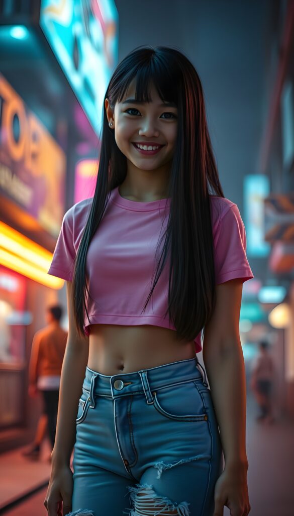 In a futuristic, cyberpunk-inspired setting, a young girl with long, sleek straight black hair cascading over her shoulders is captured in a dynamic, full-body pose. Her skin is flawlessly toned, complementing her bright, white smile. She's dressed in a stylish, form-fitting, pink cropped t-shirt and high-waisted, ripped denim jeans that reveal her toned legs. The scene is bathed in dramatic, neon-lit ambiance, with vibrant holographic projections and glowing city lights creating a high-contrast, cinematic effect. Soft, diffused lighting highlights her features, while the dynamic depth of field emphasizes the intricate details of her clothing and the surrounding futuristic environment. Front view.