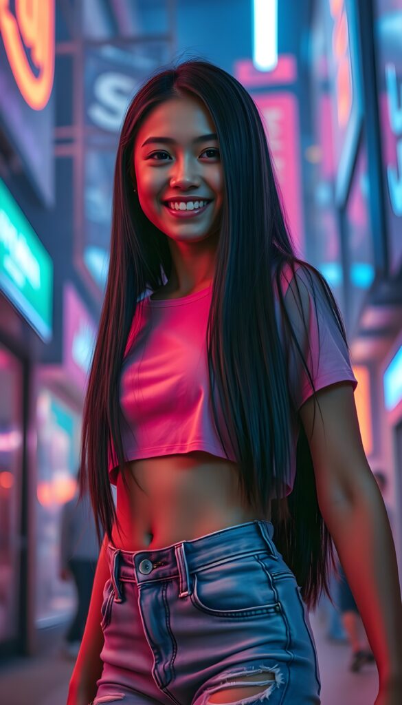 In a futuristic, cyberpunk-inspired setting, a young girl with long, sleek straight black hair cascading over her shoulders is captured in a dynamic, full-body pose. Her skin is flawlessly toned, complementing her bright, white smile. She's dressed in a stylish, form-fitting, pink cropped t-shirt and high-waisted, ripped denim jeans that reveal her toned legs. The scene is bathed in dramatic, neon-lit ambiance, with vibrant holographic projections and glowing city lights creating a high-contrast, cinematic effect. Soft, diffused lighting highlights her features, while the dynamic depth of field emphasizes the intricate details of her clothing and the surrounding futuristic environment. Front view.