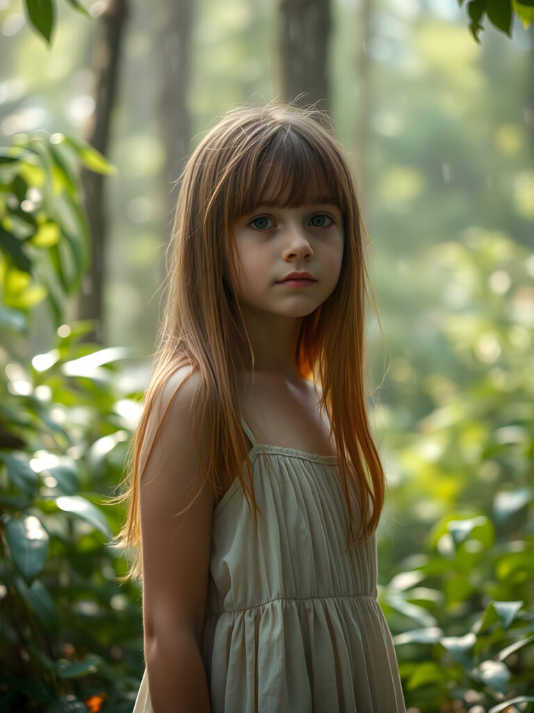 In a lush, vibrant forest, a young girl with straight copper hair stands amidst a light rain. She wears a simple, flowing dress that billows gently in the breeze, revealing her delicate features. The forest around her is alive with emerald green foliage, and raindrops glisten on the leaves, creating a dreamy, ethereal atmosphere. Soft, diffused sunlight filters through the canopy, casting a warm glow on her face and illuminating the droplets in the air. The scene is serene and magical, with a sense of wonder and tranquility.