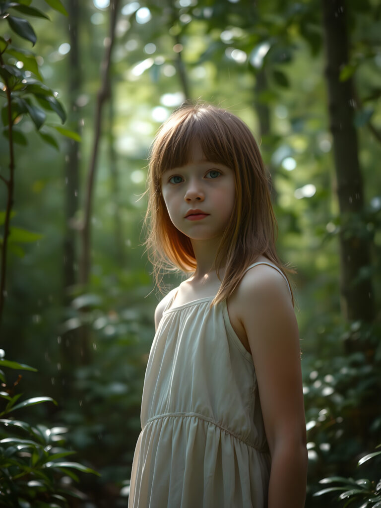 In a lush, vibrant forest, a young girl with straight copper hair stands amidst a light rain. She wears a simple, flowing dress that billows gently in the breeze, revealing her delicate features. The forest around her is alive with emerald green foliage, and raindrops glisten on the leaves, creating a dreamy, ethereal atmosphere. Soft, diffused sunlight filters through the canopy, casting a warm glow on her face and illuminating the droplets in the air. The scene is serene and magical, with a sense of wonder and tranquility.