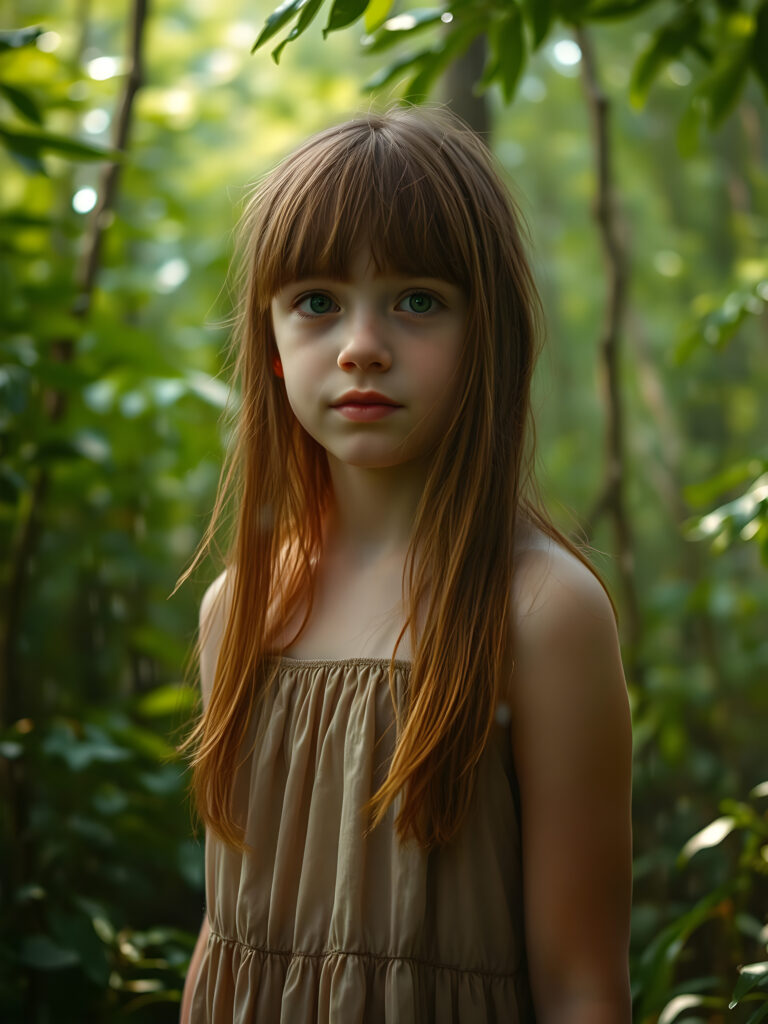 In a lush, vibrant forest, a young girl with straight copper hair stands amidst a light rain. She wears a simple, flowing dress that billows gently in the breeze, revealing her delicate features. The forest around her is alive with emerald green foliage, and raindrops glisten on the leaves, creating a dreamy, ethereal atmosphere. Soft, diffused sunlight filters through the canopy, casting a warm glow on her face and illuminating the droplets in the air. The scene is serene and magical, with a sense of wonder and tranquility.