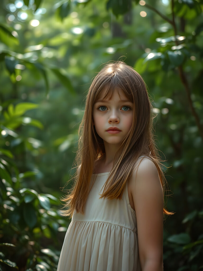 In a lush, vibrant forest, a young girl with straight copper hair stands amidst a light rain. She wears a simple, flowing dress that billows gently in the breeze, revealing her delicate features. The forest around her is alive with emerald green foliage, and raindrops glisten on the leaves, creating a dreamy, ethereal atmosphere. Soft, diffused sunlight filters through the canopy, casting a warm glow on her face and illuminating the droplets in the air. The scene is serene and magical, with a sense of wonder and tranquility.