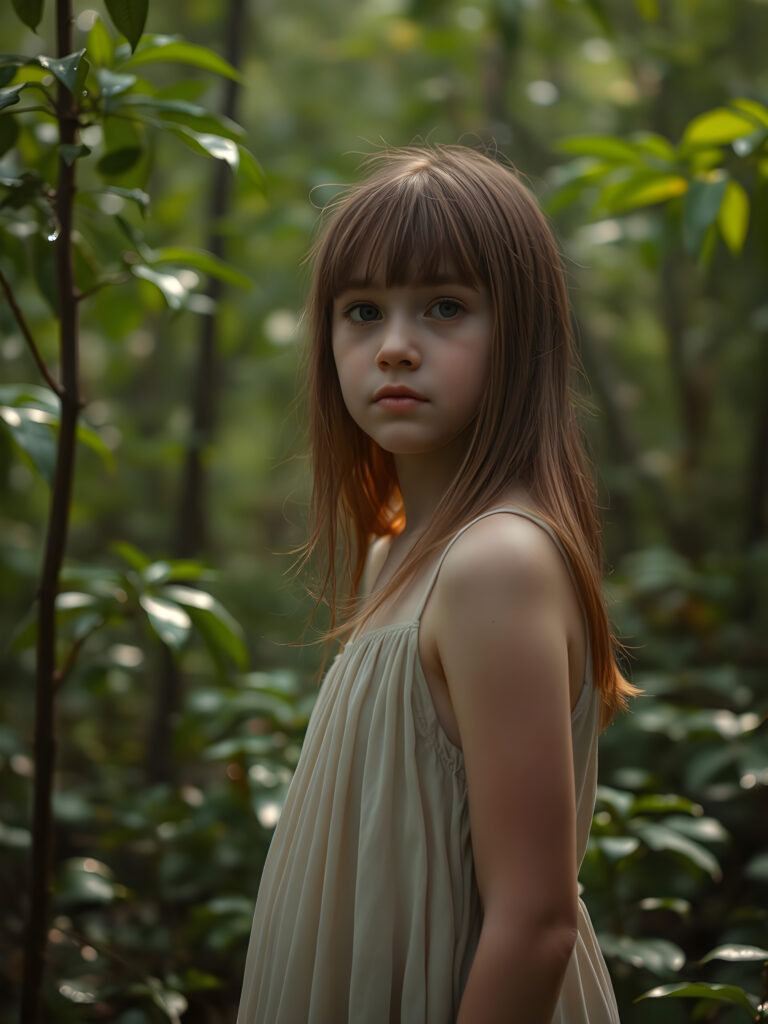 In a lush, vibrant forest, a young girl with straight copper hair stands amidst a light rain. She wears a simple, flowing dress that billows gently in the breeze, revealing her delicate features. The forest around her is alive with emerald green foliage, and raindrops glisten on the leaves, creating a dreamy, ethereal atmosphere. Soft, diffused sunlight filters through the canopy, casting a warm glow on her face and illuminating the droplets in the air. The scene is serene and magical, with a sense of wonder and tranquility.
