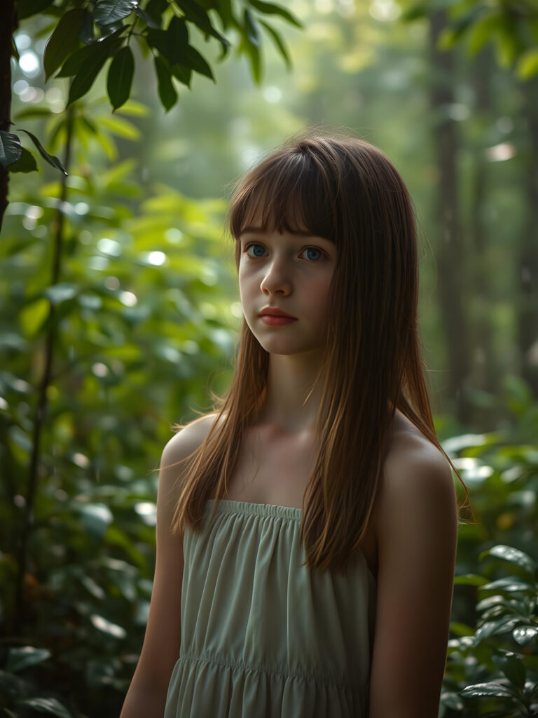 In a lush, vibrant forest, a young girl with straight copper hair stands amidst a light rain. She wears a simple, flowing dress that billows gently in the breeze, revealing her delicate features. The forest around her is alive with emerald green foliage, and raindrops glisten on the leaves, creating a dreamy, ethereal atmosphere. Soft, diffused sunlight filters through the canopy, casting a warm glow on her face and illuminating the droplets in the air. The scene is serene and magical, with a sense of wonder and tranquility.