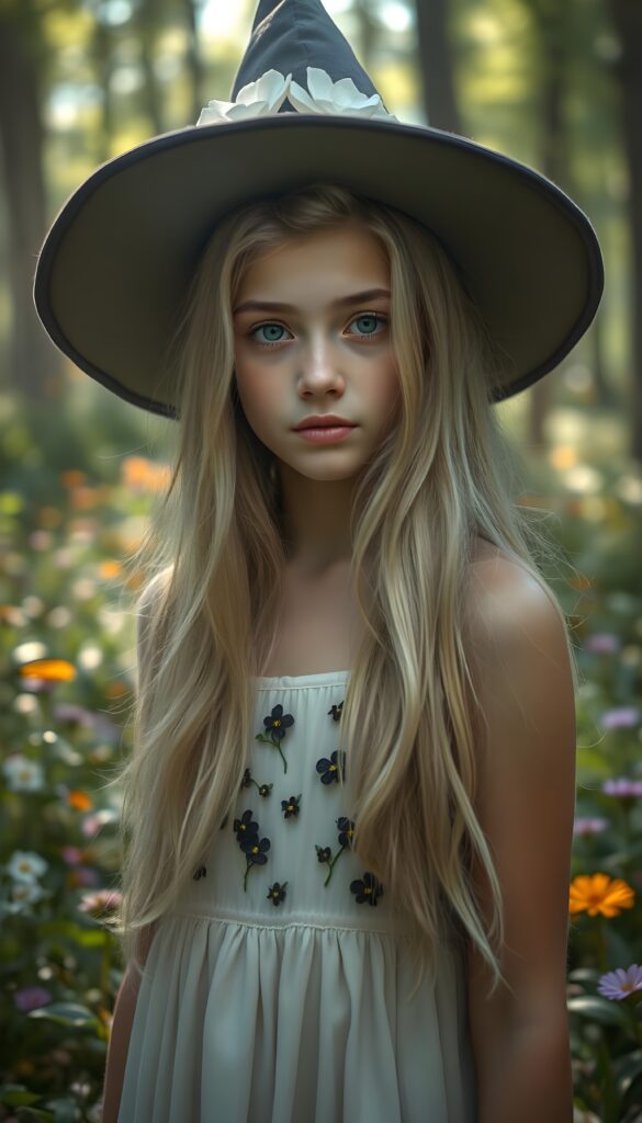 In a mystical forest, a beautiful young witch girl with long, soft blonde hair that cascades like silk, stands gracefully. She wears a delicate dress embroidered with tiny black flowers that glow softly. Her serene expression is framed by a hat adorned with glowing glass flowers, casting an ethereal glow around her. The scene is vibrant with lush greenery, colorful flowers, and sunlight filtering through the trees, creating a magical and serene atmosphere.