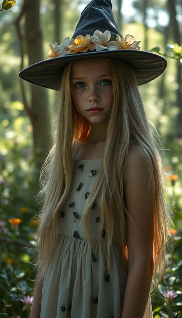 In a mystical forest, a beautiful young witch girl with long, soft blonde hair that cascades like silk, stands gracefully. She wears a delicate dress embroidered with tiny black flowers that glow softly. Her serene expression is framed by a hat adorned with glowing glass flowers, casting an ethereal glow around her. The scene is vibrant with lush greenery, colorful flowers, and sunlight filtering through the trees, creating a magical and serene atmosphere.