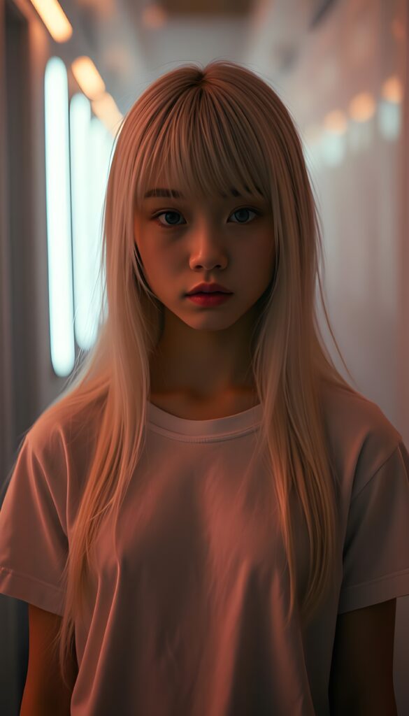In a mystical scene, a petite girl with soft, long white jet straight hair, bangs and fair skin stands alone in front of the viewer. She wears a white plain t-shirt that casts a soft shadow over her eyes, exuding an aura of mystery. The photo is illuminated by the soft glow of muted neon lights, casting long shadows. The scene is bathed in a dreamy, surreal ambiance with a focus on elegance and enchantment. Front view.