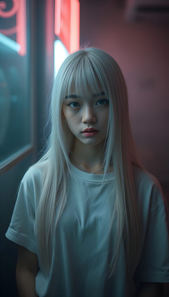 In a mystical scene, a petite girl with soft, long white jet straight hair, bangs and fair skin stands alone in front of the viewer. She wears a white plain t-shirt that casts a soft shadow over her eyes, exuding an aura of mystery. The photo is illuminated by the soft glow of muted neon lights, casting long shadows. The scene is bathed in a dreamy, surreal ambiance with a focus on elegance and enchantment. Front view.