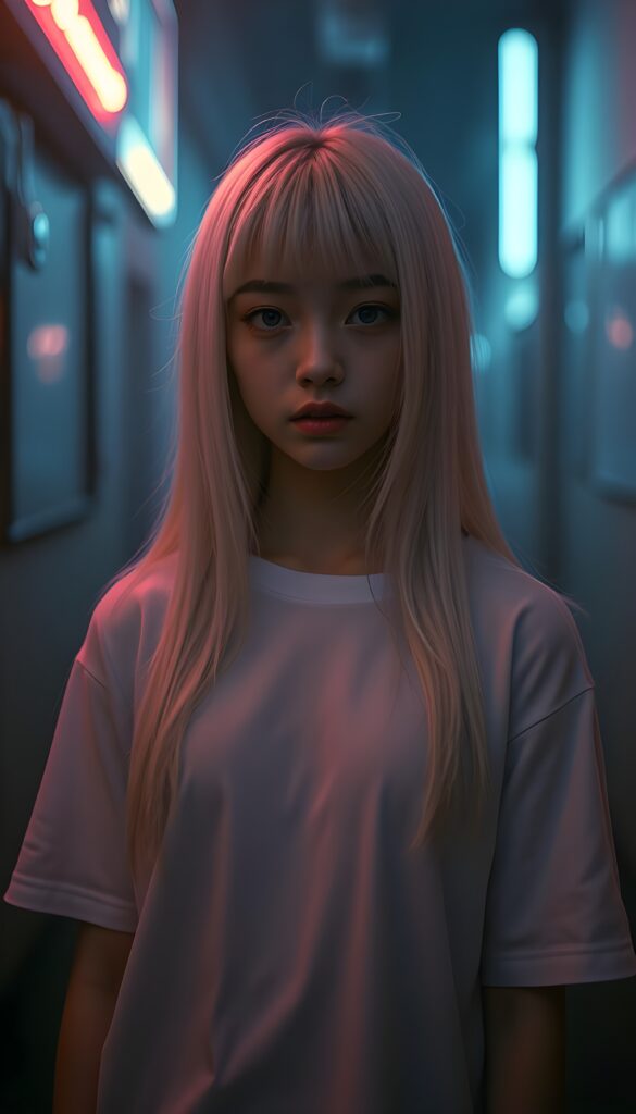 In a mystical scene, a petite girl with soft, long white jet straight hair, bangs and fair skin stands alone in front of the viewer. She wears a white plain t-shirt that casts a soft shadow over her eyes, exuding an aura of mystery. The photo is illuminated by the soft glow of muted neon lights, casting long shadows. The scene is bathed in a dreamy, surreal ambiance with a focus on elegance and enchantment. Front view.