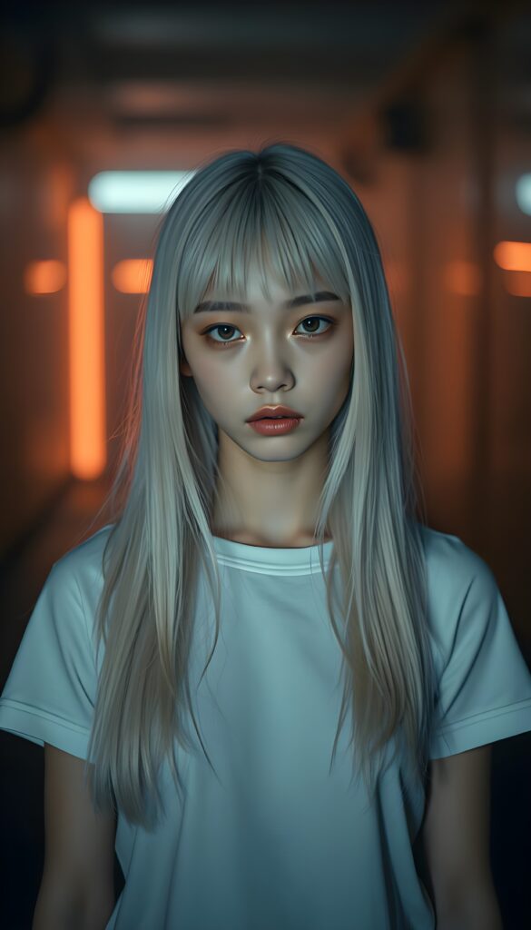In a mystical scene, a petite girl with soft, long white jet straight hair, bangs and fair skin stands alone in front of the viewer. She wears a white plain t-shirt that casts a soft shadow over her eyes, exuding an aura of mystery. The photo is illuminated by the soft glow of muted neon lights, casting long shadows. The scene is bathed in a dreamy, surreal ambiance with a focus on elegance and enchantment. Front view.