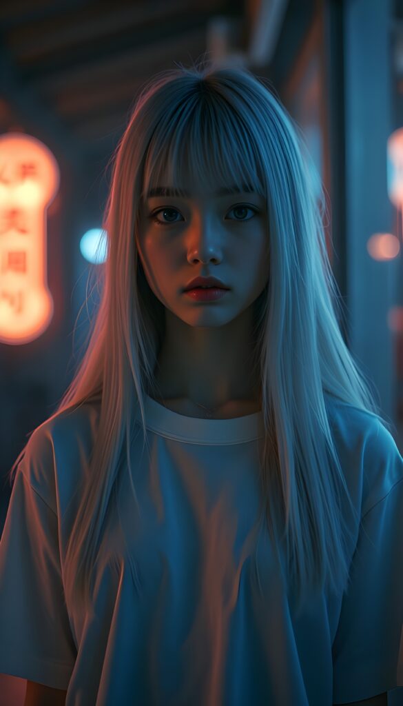 In a mystical scene, a petite girl with soft, long white jet straight hair, bangs and fair skin stands alone in front of the viewer. She wears a white plain t-shirt that casts a soft shadow over her eyes, exuding an aura of mystery. The photo is illuminated by the soft glow of muted neon lights, casting long shadows. The scene is bathed in a dreamy, surreal ambiance with a focus on elegance and enchantment. Front view.