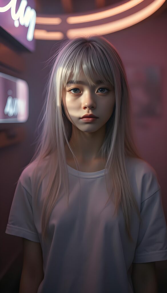In a mystical scene, a petite girl with soft, long white jet straight hair, bangs and fair skin stands alone in front of the viewer. She wears a white plain t-shirt that casts a soft shadow over her eyes, exuding an aura of mystery. The photo is illuminated by the soft glow of muted neon lights, casting long shadows. The scene is bathed in a dreamy, surreal ambiance with a focus on elegance and enchantment. Front view.