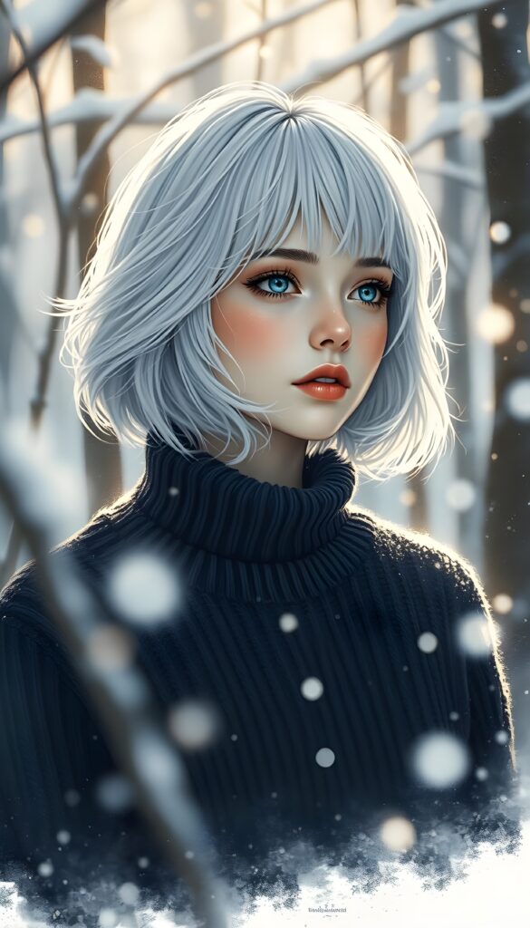 In a serene winter forest, a young girl with flowing snow-white hair and deep blue eyes gazes into the distance, her bob haircut framing her delicate face. Wearing a cozy dark blue sweater. The scene is bathed in soft, golden sunlight, creating a magical and dreamy atmosphere, with snowflakes gently falling around her.