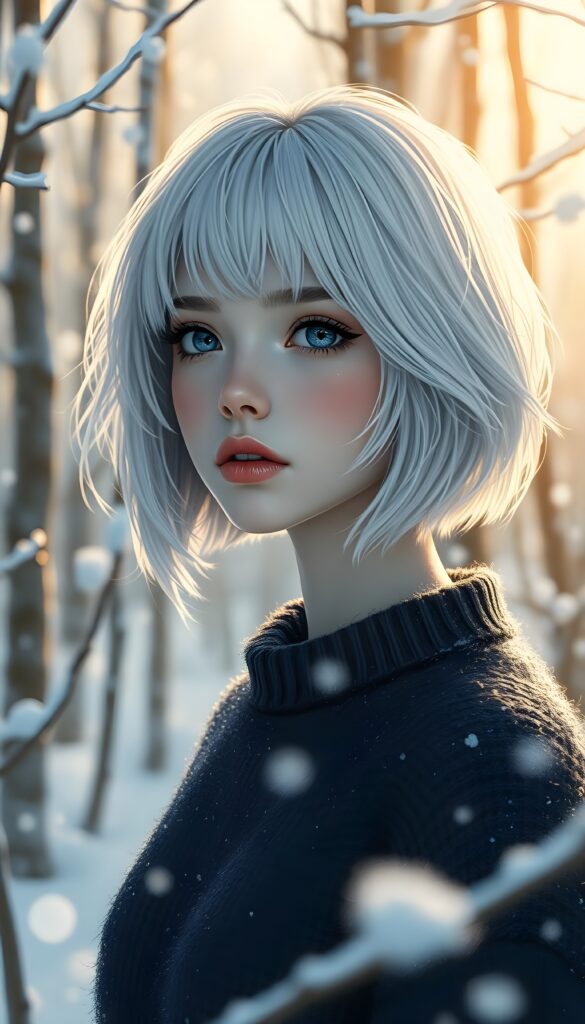 In a serene winter forest, a young girl with flowing snow-white hair and deep blue eyes gazes into the distance, her bob haircut framing her delicate face. Wearing a cozy dark blue sweater. The scene is bathed in soft, golden sunlight, creating a magical and dreamy atmosphere, with snowflakes gently falling around her.