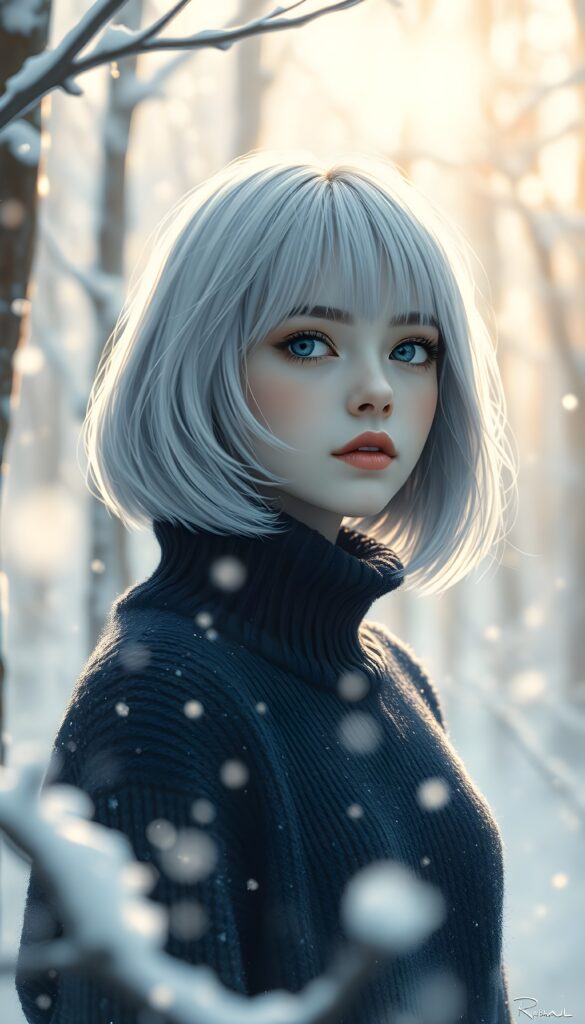In a serene winter forest, a young girl with flowing snow-white hair and deep blue eyes gazes into the distance, her bob haircut framing her delicate face. Wearing a cozy dark blue sweater. The scene is bathed in soft, golden sunlight, creating a magical and dreamy atmosphere, with snowflakes gently falling around her.