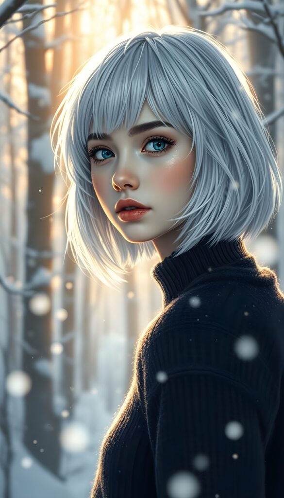 In a serene winter forest, a young girl with flowing snow-white hair and deep blue eyes gazes into the distance, her bob haircut framing her delicate face. Wearing a cozy dark blue sweater. The scene is bathed in soft, golden sunlight, creating a magical and dreamy atmosphere, with snowflakes gently falling around her.