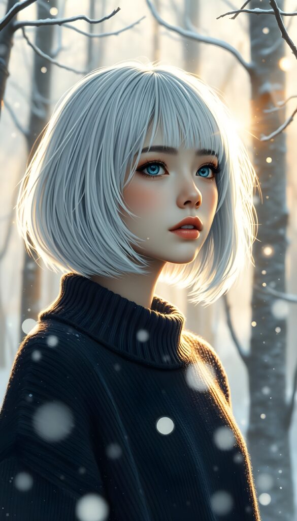 In a serene winter forest, a young girl with flowing snow-white hair and deep blue eyes gazes into the distance, her bob haircut framing her delicate face. Wearing a cozy dark blue sweater. The scene is bathed in soft, golden sunlight, creating a magical and dreamy atmosphere, with snowflakes gently falling around her.