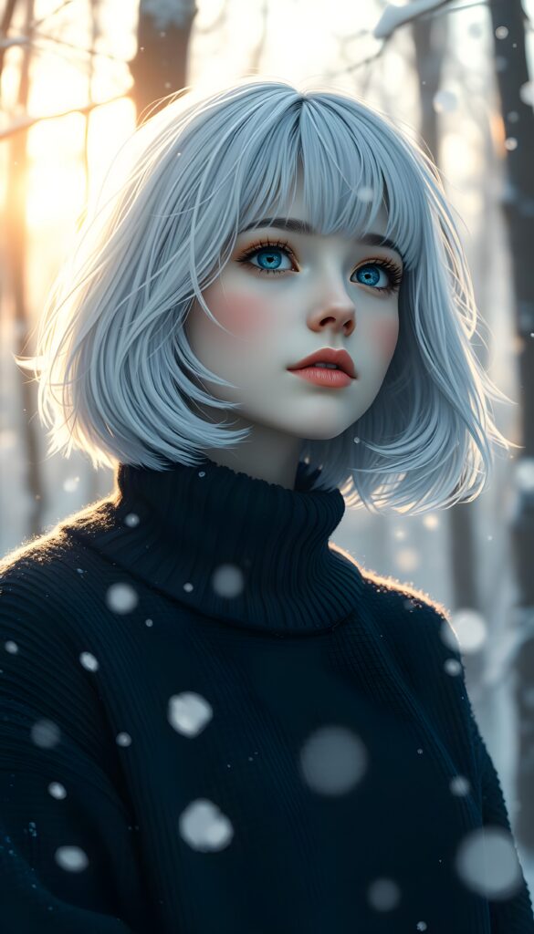 In a serene winter forest, a young girl with flowing snow-white hair and deep blue eyes gazes into the distance, her bob haircut framing her delicate face. Wearing a cozy dark blue sweater. The scene is bathed in soft, golden sunlight, creating a magical and dreamy atmosphere, with snowflakes gently falling around her.