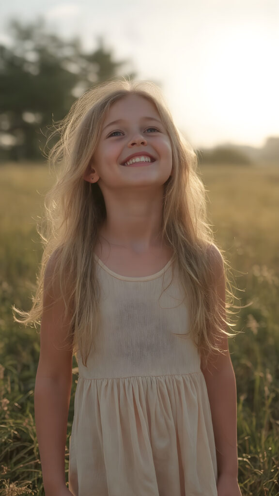 In a sun-kissed field, she stands, her golden hair shimmering in the warm breeze. The teen girl, eyes full of innocence and wonder, gazes into the sky with a love and reverence that transcends the mundane. Her laughter, bright and infectious. The sun paints her skin, leaving a glow that accents her natural beauty. She wears a light, flowing dress that catches the light of the sun, enhancing her youthful figure. Her hair, a shimmering cascade, captures the light with each movement, framing her radiant face. Around her, the landscape is bathed in the gentle hues of dawn, creating a magical backdrop for this moment.