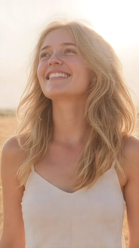 In a sun-kissed field, she stands, her golden hair shimmering in the warm breeze. The woman, eyes full of innocence and wonder, gazes into the sky with a love and reverence that transcends the mundane. Her laughter, bright and infectious. The sun paints her skin, leaving a glow that accents her natural beauty. She wears a light, flowing dress that catches the light of the sun, enhancing her youthful figure. Her hair, a shimmering cascade, captures the light with each movement, framing her radiant face. Around her, the landscape is bathed in the gentle hues of dawn, creating a magical backdrop for this moment.