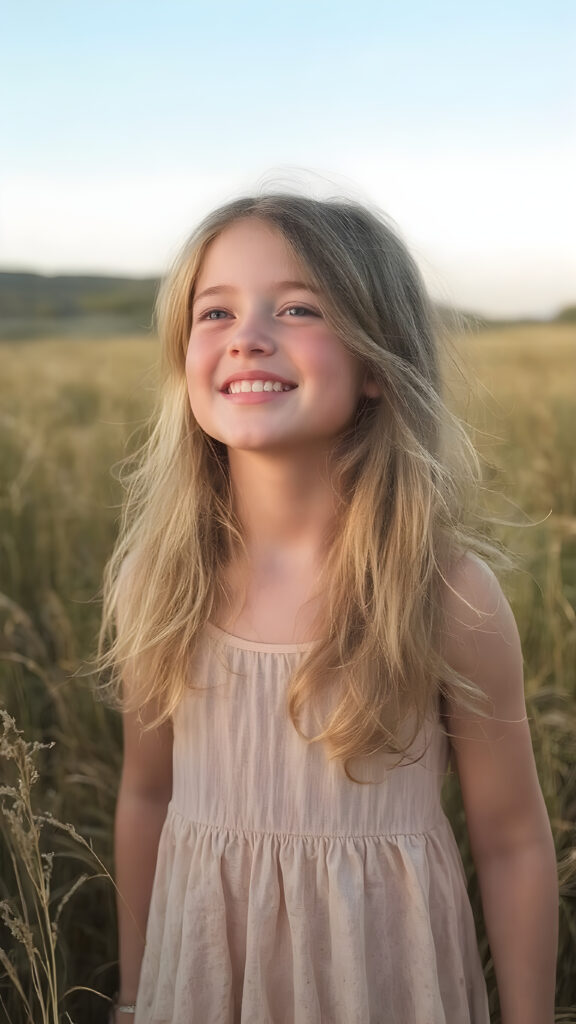 In a sun-kissed field, she stands, her golden hair shimmering in the warm breeze. The teen girl, eyes full of innocence and wonder, gazes into the sky with a love and reverence that transcends the mundane. Her laughter, bright and infectious. The sun paints her skin, leaving a glow that accents her natural beauty. She wears a light, flowing dress that catches the light of the sun, enhancing her youthful figure. Her hair, a shimmering cascade, captures the light with each movement, framing her radiant face. Around her, the landscape is bathed in the gentle hues of dawn, creating a magical backdrop for this moment.