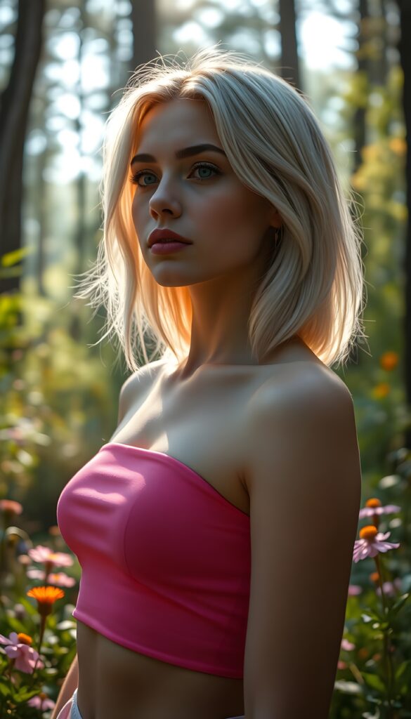 In a sunlit forest, a young woman with ethereal long white hair and golden highlights, styled in a sleek bob cut, stands with her deep blue eyes shimmering in the soft light. She wears a vibrant pink crop top that elegantly accentuates her graceful figure, her full lips slightly parted as she gazes into the distance. The forest is alive with lush greenery, tall trees, and colorful wildflowers, creating a dreamy and enchanting atmosphere that wraps around her like a protective embrace. The background features a subtle pink gradient, enhancing the magical and serene ambiance of the scene.