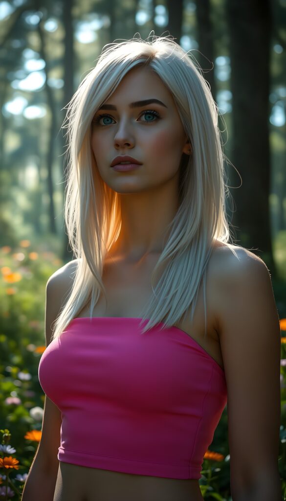 In a sunlit forest, a young woman with ethereal long white hair and golden highlights, styled in a sleek bob cut, stands with her deep blue eyes shimmering in the soft light. She wears a vibrant pink crop top that elegantly accentuates her graceful figure, her full lips slightly parted as she gazes into the distance. The forest is alive with lush greenery, tall trees, and colorful wildflowers, creating a dreamy and enchanting atmosphere that wraps around her like a protective embrace. The background features a subtle pink gradient, enhancing the magical and serene ambiance of the scene.