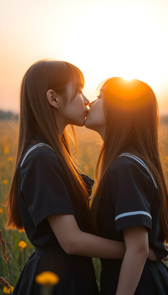 In a sunlit meadow and a dreamy sunset, two cute young Japanese school teen girls about a passionate kiss, long brown straight hair, traditional school uniform