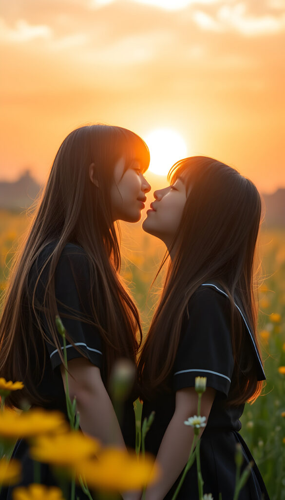 In a sunlit meadow and a dreamy sunset, two cute young Japanese school teen girls about a passionate kiss, long brown straight hair, traditional school uniform