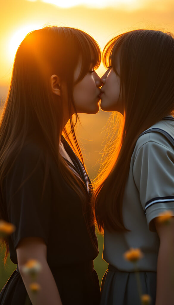 In a sunlit meadow and a dreamy sunset, two cute young Japanese school teen girls about a passionate kiss, long brown straight hair, traditional school uniform