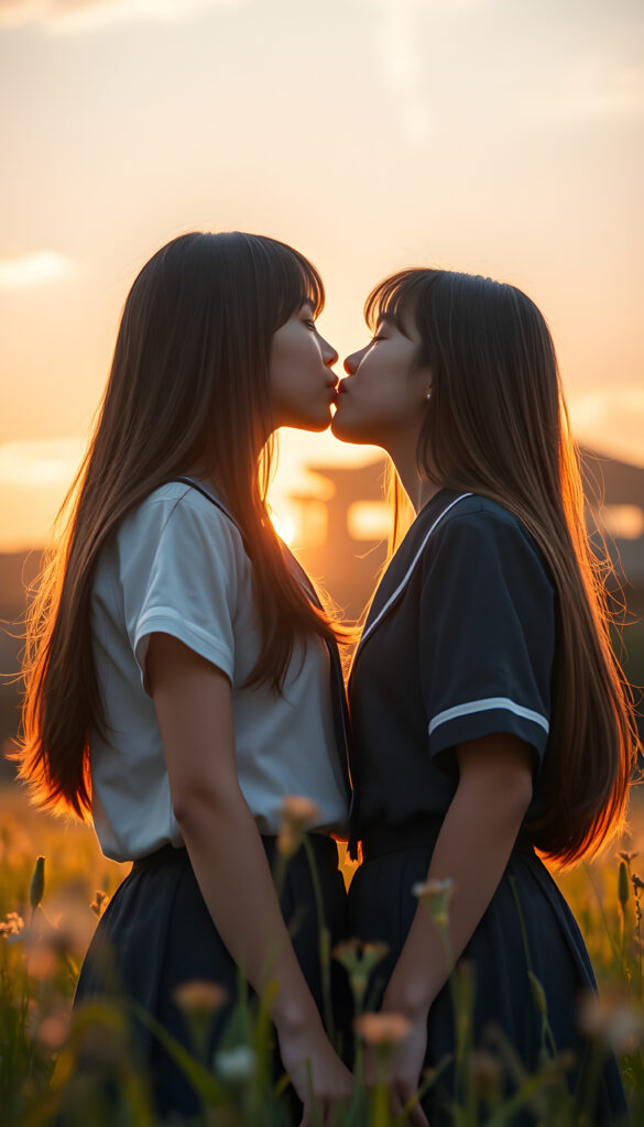 In a sunlit meadow and a dreamy sunset, two cute young Japanese school teen girls about a passionate kiss, long brown straight hair, traditional school uniform