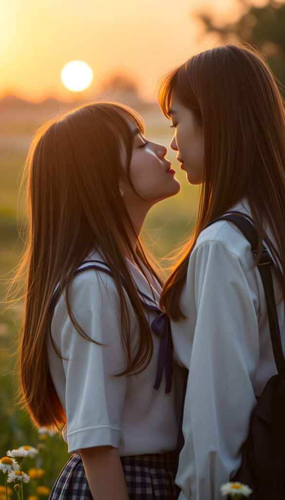 In a sunlit meadow and a dreamy sunset, two cute young Japanese school teen girls about a passionate kiss, long brown straight hair, traditional school uniform