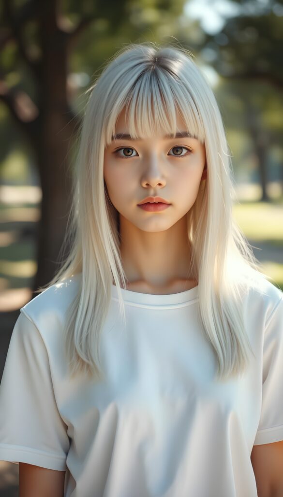 In a sunny park scene, a petite cute teen girl with soft, long white jet straight hair, bangs and fair skin stands alone in front of the viewer. She wears a white plain t-shirt. Front view.