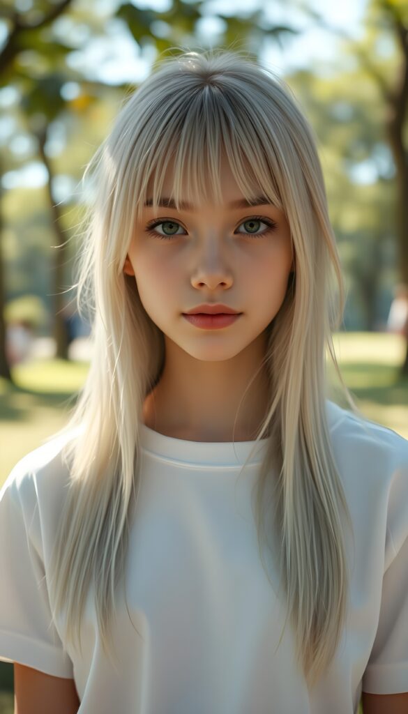 In a sunny park scene, a petite cute teen girl with soft, long white jet straight hair, bangs and fair skin stands alone in front of the viewer. She wears a white plain t-shirt. Front view.