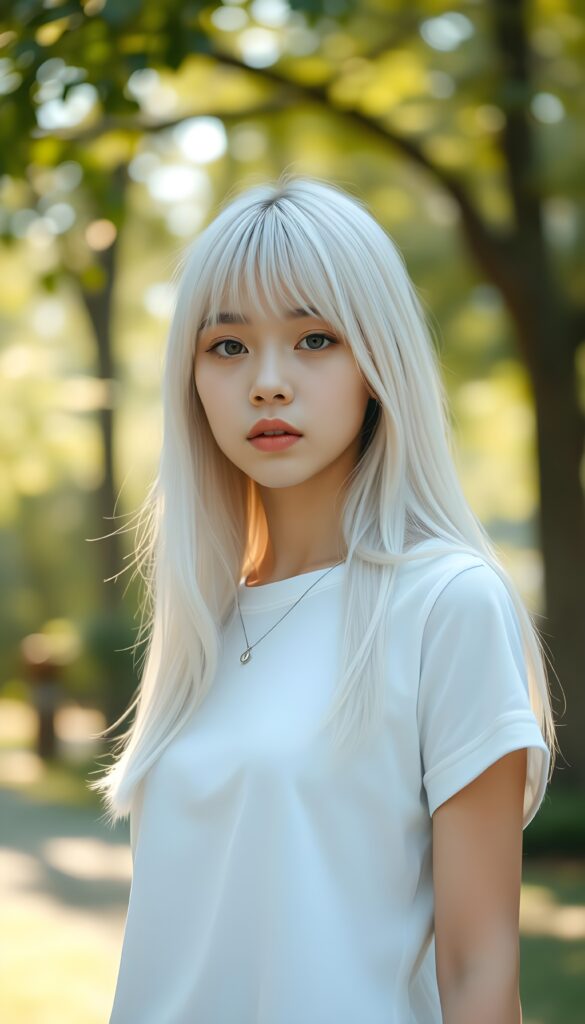 In a sunny park scene, a petite cute teen girl with soft, long white jet straight hair, bangs and fair skin stands alone in front of the viewer. She wears a white plain t-shirt. Front view.