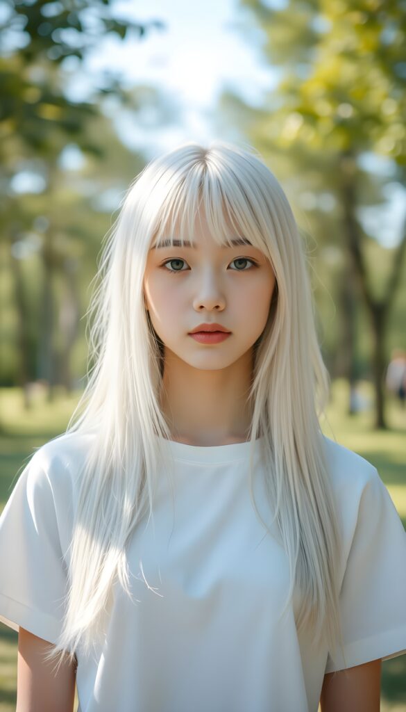 In a sunny park scene, a petite cute teen girl with soft, long white jet straight hair, bangs and fair skin stands alone in front of the viewer. She wears a white plain t-shirt. Front view.